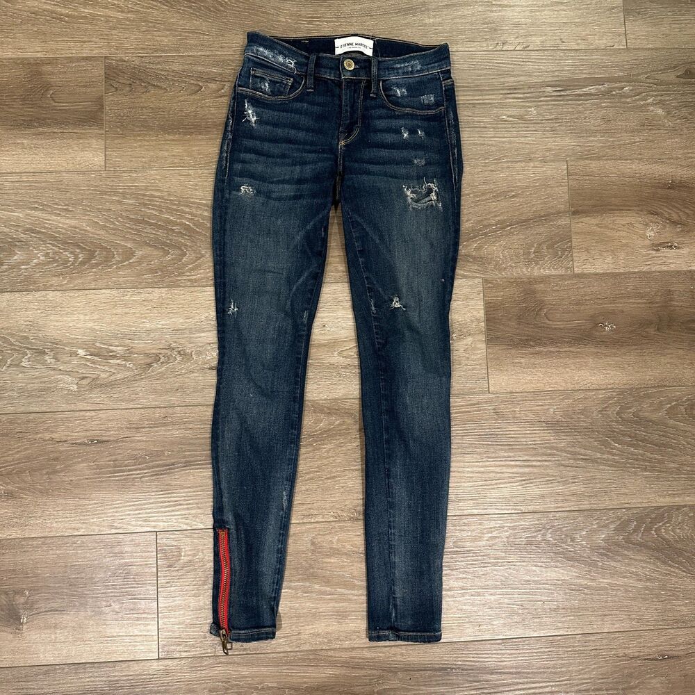 Distressed Dark Wash Red Ankle Zipper Stretch Skinny Jeans EM1010 Size 24